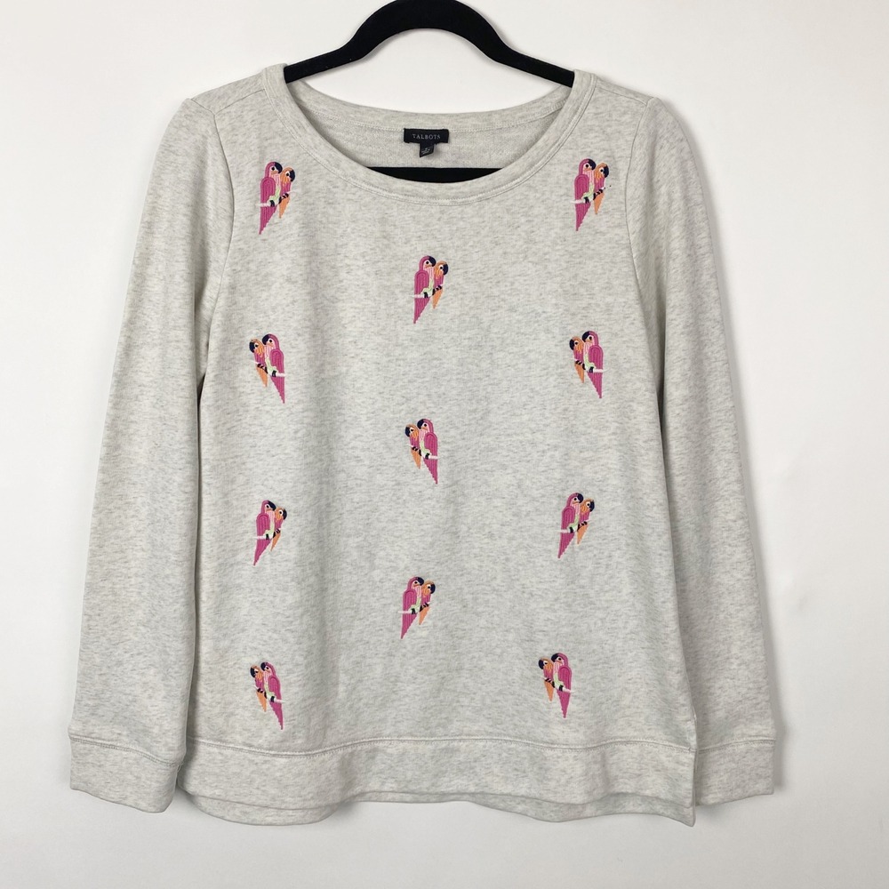 Talbots Embroidered Parrot Heathered Gray Pullover Sweatshirt Womens Size S